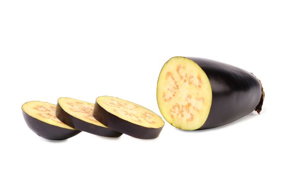 Slices of eggplant or aubergine vegetable on a white background