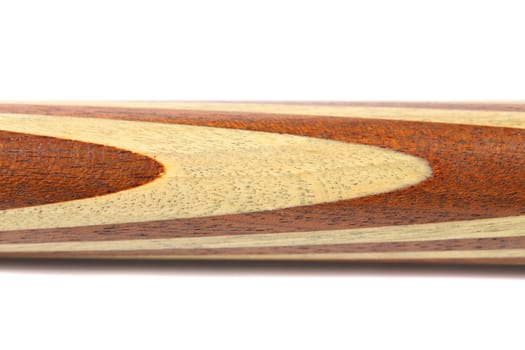 Close up of inlaid wooden cue. White background.