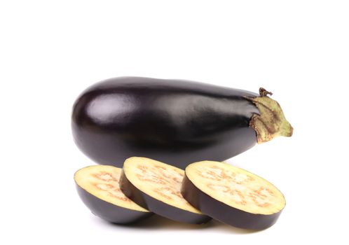 Slices of eggplant or aubergine vegetable on a white background