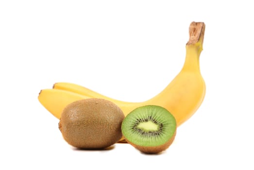 Kiwi and bananas isolated on a white background.