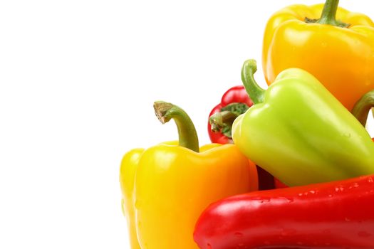 Multi-colour peppers on a white background. Close up.