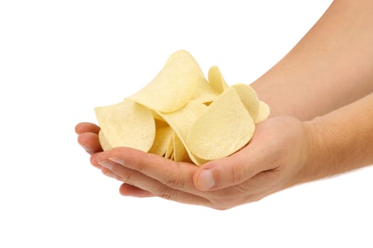 Potato chips on hands. Close up. White backgrond.