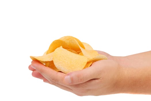 Potato chips on hands. Close up. White backgrond.
