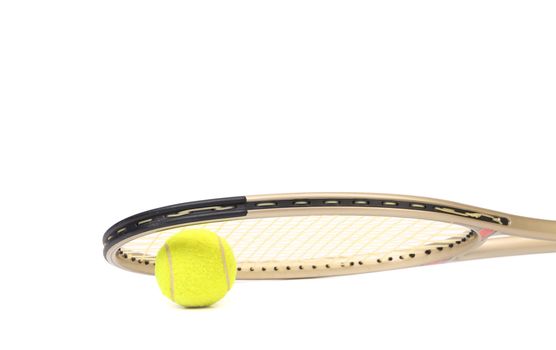 Gray tennis racket and yellow ball isolated white background