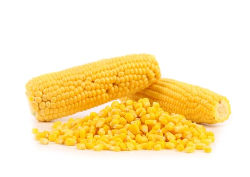 Two corncobs and handful canned corns. White background.