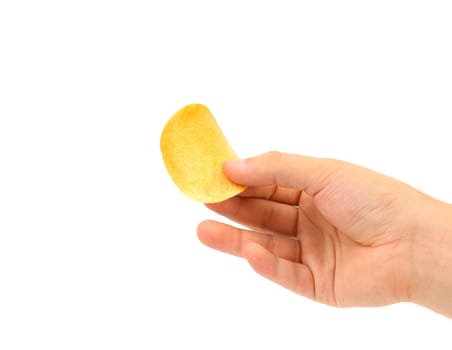Hand holds potato chips. Close up. White background.