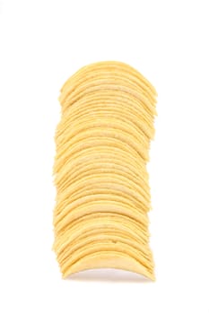 Stack of potato chips on a white background