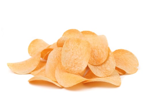 Handful of potato chips. Close up. White backgrond.