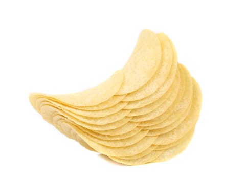 Stack of potato chips on a white background