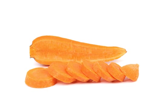 Cross section and slices of Fresh Carrot. White background.