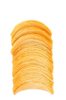 Stack of potato chips isolated on a white background.