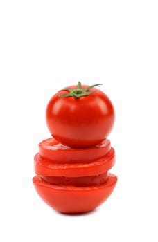 Tomato is located on stack of slices. White background.