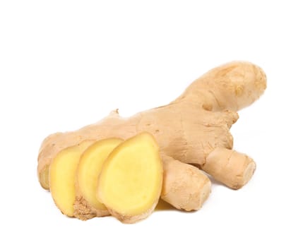 fresh ginger and slices isolated on a white background