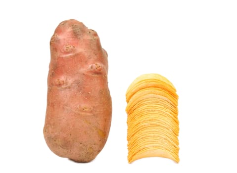 Red potato and stack of chips. White background.