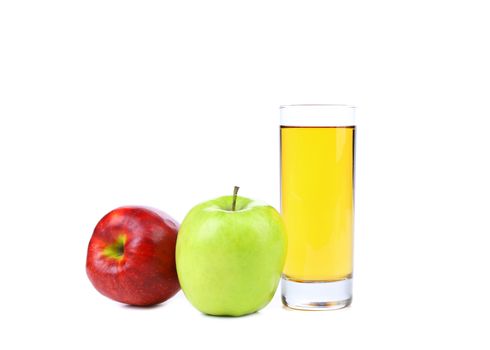 red and green apple with juice isolated on a white background