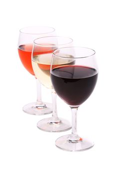 Three glasses of wine isolated on a white background.