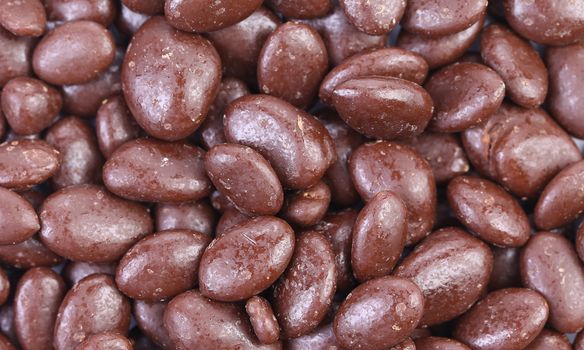 Dark brown dragee, in chocolate covered.  Close up.
