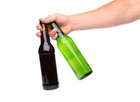 Hand with two bottle of beer on a white background