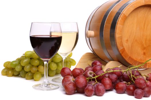 Grape on the barrel, glasses of wine. White background.