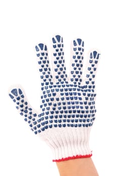 Work glove is put into the hands of. White background.