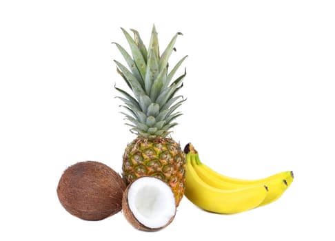 Pineapple, coconut and banana isolated on a white background