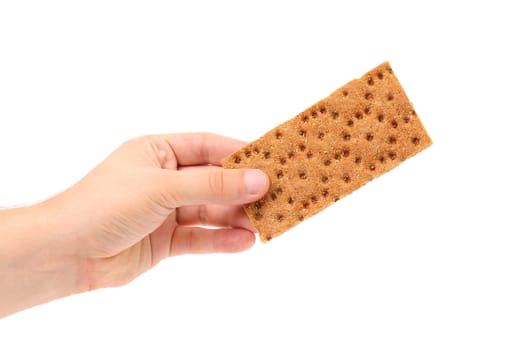 Hand holds a whole grain crisp bread. White background.