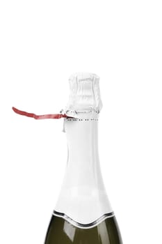 Opening a bottle of champange. White background.