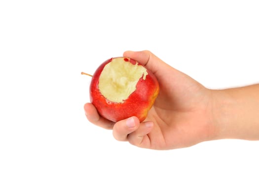 Hand holds red bitten apple isolated on a white background.