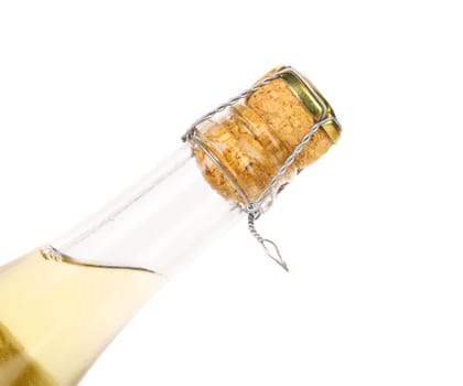 Opening a bottle of champange. White background.
