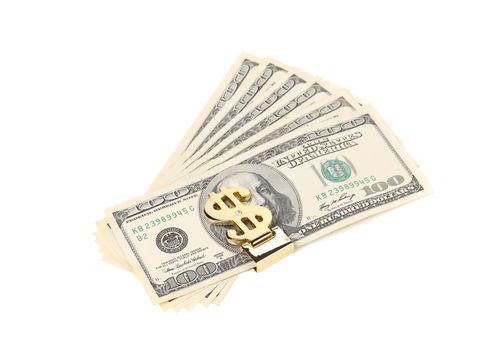 One hundred dollars banknotes in money clip isolated