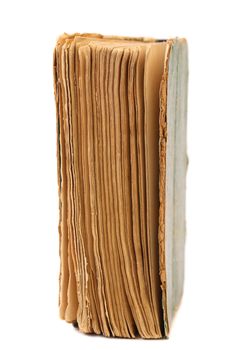 Binding of old book. Close up. White background.