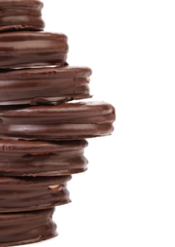 Stack biscuit sandwich with chocolate. White background.