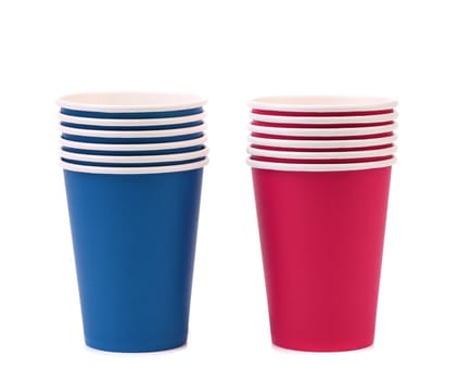 Colorful paper coffee cup. Close up. White background.
