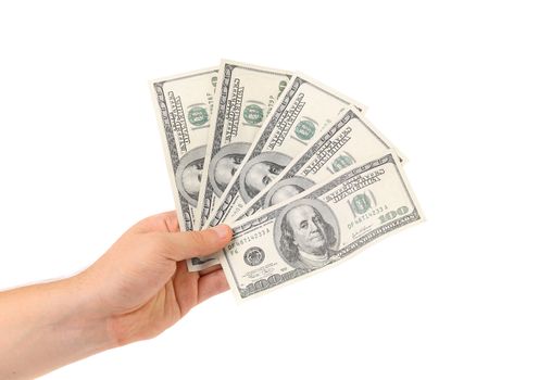 Hand holds american Dollar-bills, isolated on white