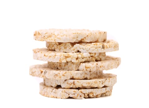 Stack of rice cakes. Close up. White background.