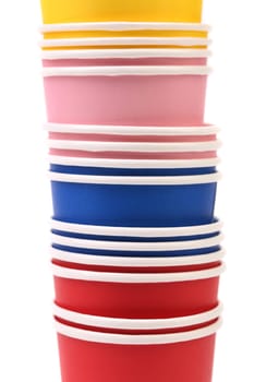 Colorful paper coffee cup. Close up. White background.
