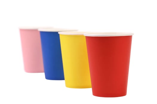 Colorful paper coffee cup. Close up. White background.
