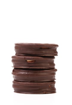 Stack biscuit sandwich with chocolate. White background.