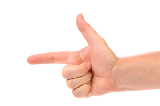 Two finger like a gun. Man's hand. White background.
