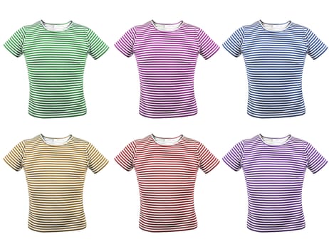 Different colour striped T-shirt. Front. White backghround.