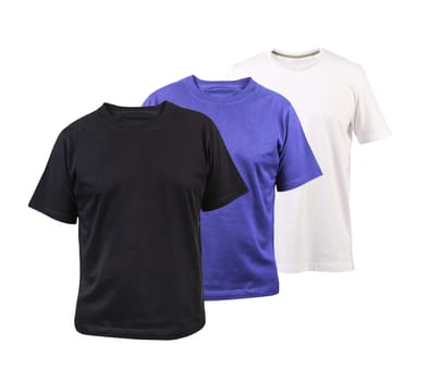 Set of three color cotton t-shirts isolated on a white background