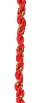 Red and gold gift wrapping cord. White background.
