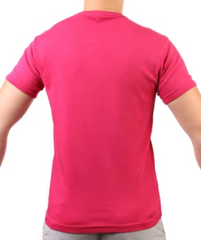 Crimson T-shirt on a body. Back. White background.