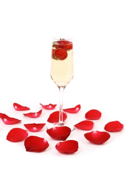 glass of champagne with strawberry isolated on a white background