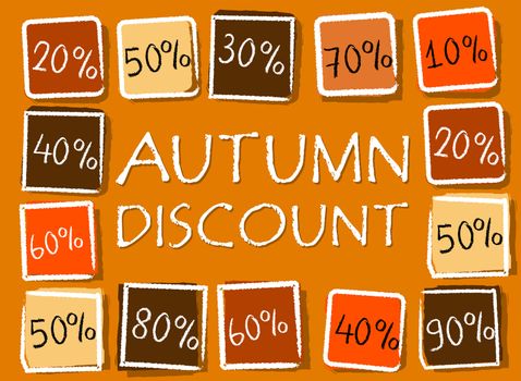 autumn discount and different percentages - retro style orange label with text and squares, business seasonal concept