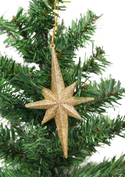 Golden star on a christmas branch isolated on a white background