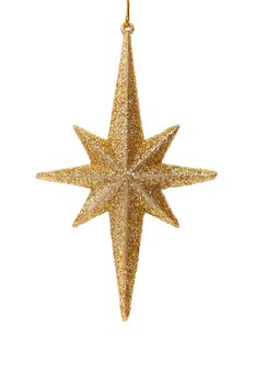 Close up of golden glitter star isolated on white background.