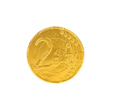 Chocolate bar in foil like coins. White background.