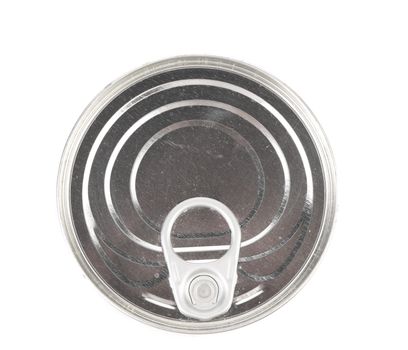 Metal tin conserve can, top view. White background.