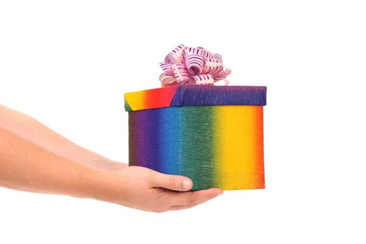 Colourful present box and pink bow. White background.